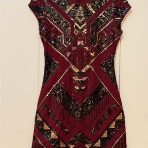 Express Burgundy and Black Geometric Sequin Mini Dress